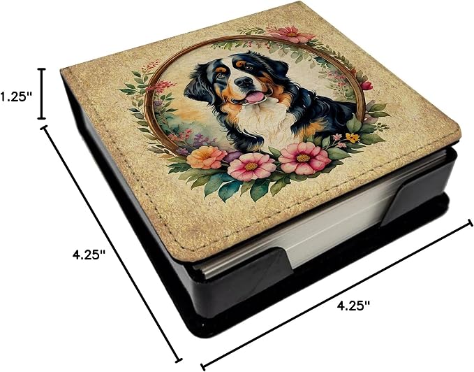 Caroline's Treasures Bernese Mountain Dog and Flowers PU Leather Note Paper Holder with Artist-Designed Cover, Desk Accessory, Office Gift