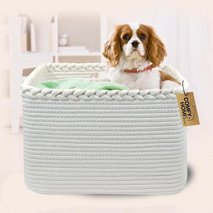 COMFY-HOMI Cotton Rope Woven Basket with Handles for Shelves,Toys,Book, Cloth Storage Baskets Bin for Organizing- 1 PCSToy Decorative Organizer for Living Room, Bathroom
