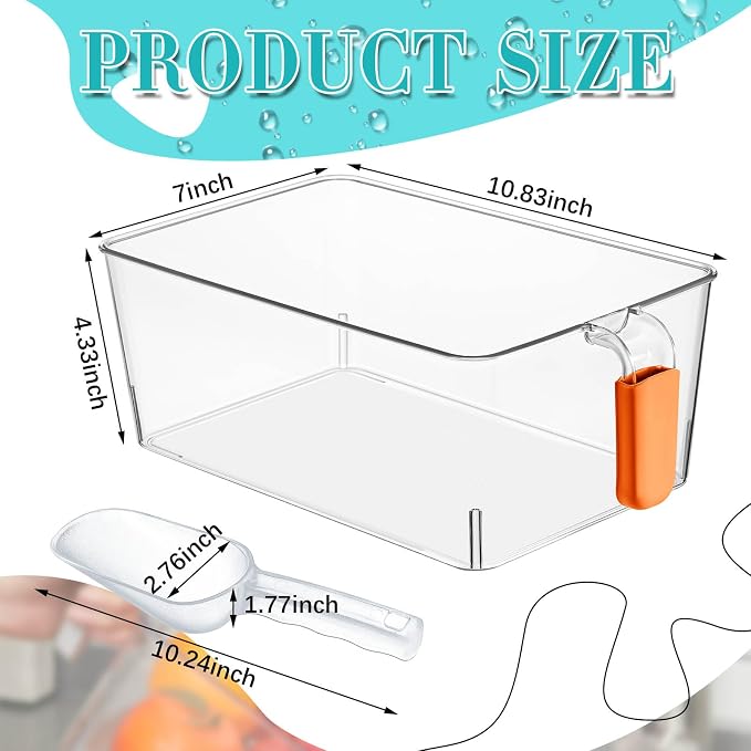 Havawish Ice Storage Bin and Flexible Scoop Set Plastic Freezer Bin | Freezer Ice Bin Scoop, Clear Bucket Container, Pull Handle, Flexible Storage, 10.83 X 7 X 4.33 in