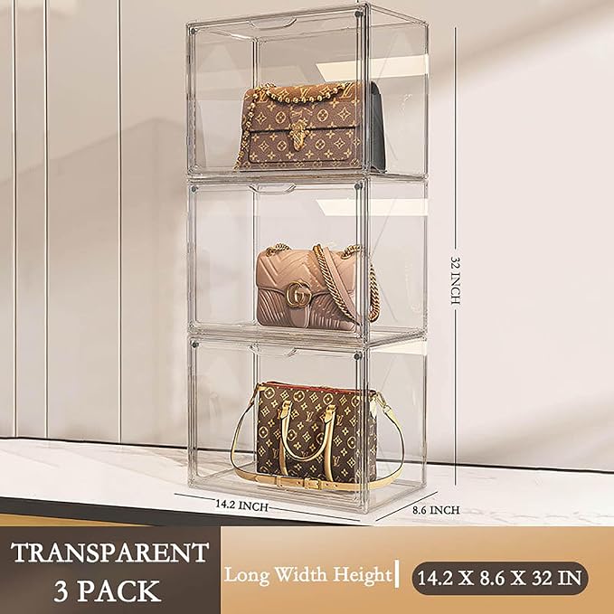 WMM Purse Storage Organizer for Closet, 3 Packs Plastic Acrylic Clear Handbag Purse Shoes Book Figure Toy Display Case, Storage Bins for Cosmetic, Stackable Magnetic Drop Front Storage Organizer