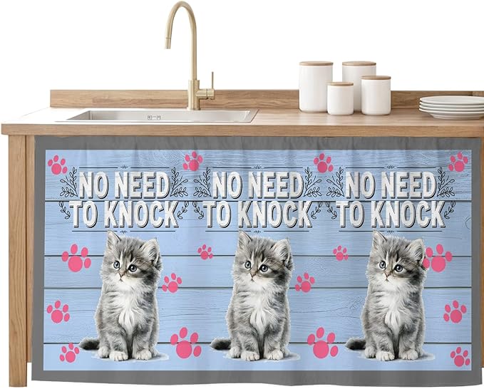 NO Need to Knock Sink Skirt for Bathroom, Self-Adhesive Under Sink Curtain, Cat Pet Paw Prints Pet Lover Farmhouse Hide Pipes & Storage Fabric Cabinet Skirt Cover for Kitchen Laundry 32"x55"