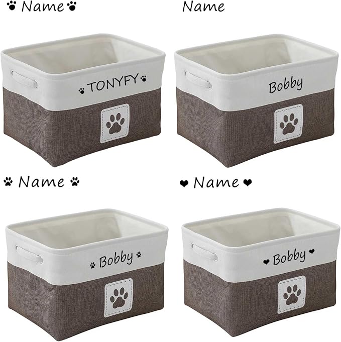 Custom Name Pet Dog Toys Basket/Bin, Paw Custom Personalized Logo Cat Clothes Box Accessories Organize Storage Bin, 4 Patterns Round Paw, Classic Paw, Heart or Name Only (Brown)