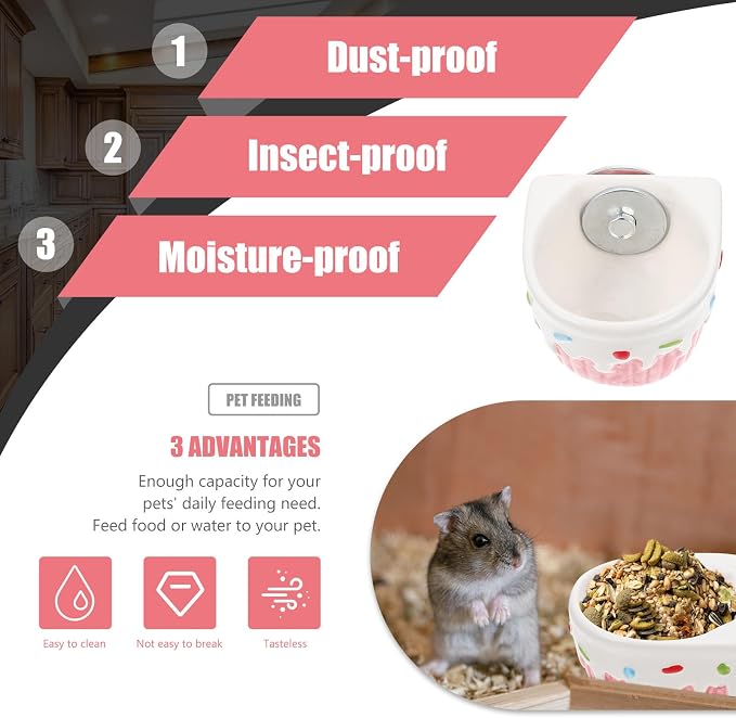 Hamster Wall Mounted Ceramic Feeding Bowl for Food and Water | Pink Feeder Bowl, Washable Design, Helps Reduce Spills, Suitable for PET Feeding by Owners