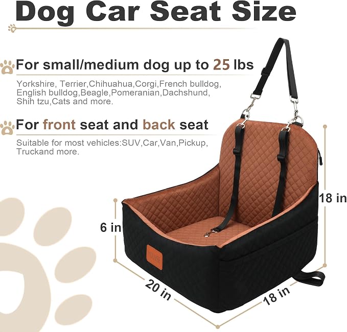 Dog Carseat for Small Dogs,Pet Safety Travel Bed with 3Seatbelt-Black/Brown | Storage Pockets,Non-Slip Bottom,Memory Foam with Detachable Washable Cover and Easy to Install