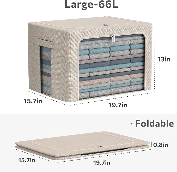 CYhom 3Pack Foldable Storage Bins - Frame Storage Box Linen Fabric Stackable Clothes Container Organizer with Clear Window & Carry Handles Large Capacity (Large-66L, Beige)