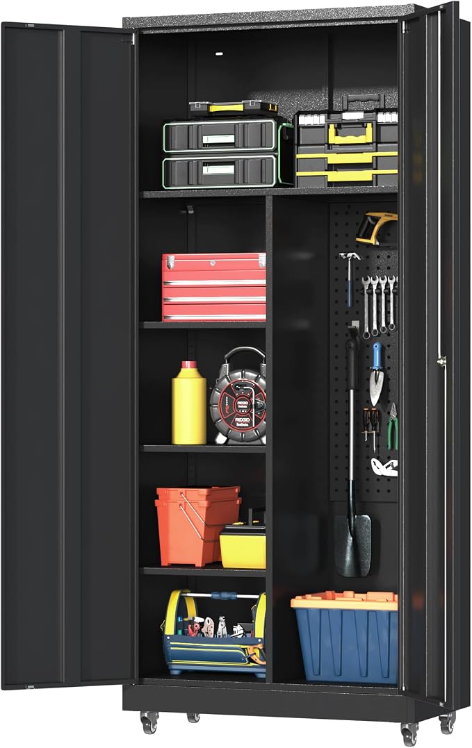 Metal Garage Storage Cabinet with 2 Doors, Adjustable Rolling Tool Storage Cabinet with Lock, 71" Steel Locking Broom Closet with Wheels and Shelves for Garage, Warehouse(Black, 71" H)