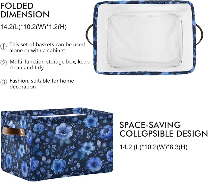 Kigai Storage Basket, Fabric Collapsible Closet Organizer Bin | Blue Flowers Waterproof Foldable Canvas Basket with Handles for Shelves, Nursery, Closet, Bedroom & Bathroom
