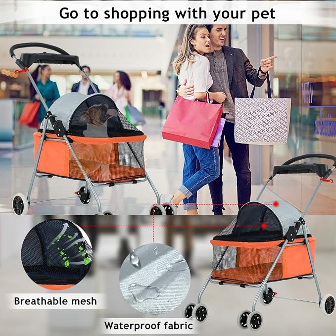 4 Wheels Pet Stroller Cat Dog Cage Stroller Protable Travel Folding Carrier Cart Waterproof Buggy Doggie Dog Stroller Jogger with Cup Holders for Small-Medium Dogs, Cat Orange