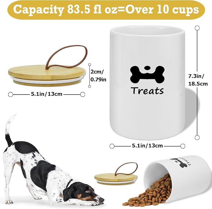 Dog Treat Container Airtight - 5 Inch Wide x 7.5 Inch White Ceramic Dog Treat Jar for Kitchen Counter, Doggie Cookie Jar with Airtight Bamboo Lid - Farmhouse Style Dog Food Storage Container