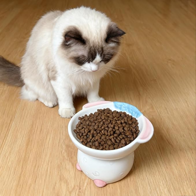 Cute Highland Cow Design Elevated Cat Bowl,Catoon Animal Dish - 15° Tilted Ceramic Pet Food Dish, Anti-Vomit for Cats/Dogs, Wide Mouth, Holds 150g Kibble