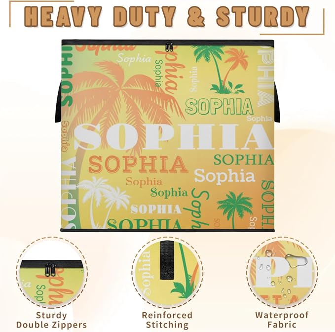 Personalized Extra Large Storage Basket with Lid, Comforters, Orange Green Palm Trees Yellow Background Bedding Storage Bin for Home, Collapsible Basket for Clothes, Moving, Car Trunk