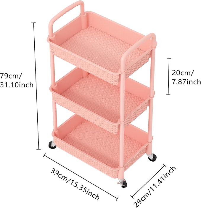 MOYIPIN 3-Tier Plastic Rolling Utility Cart with Handle,Utility,Pink | Utility Storage Cart for Office, Living Room, Kitchen,Movable Storage Organizer，Easy installation，Rattan-like art design