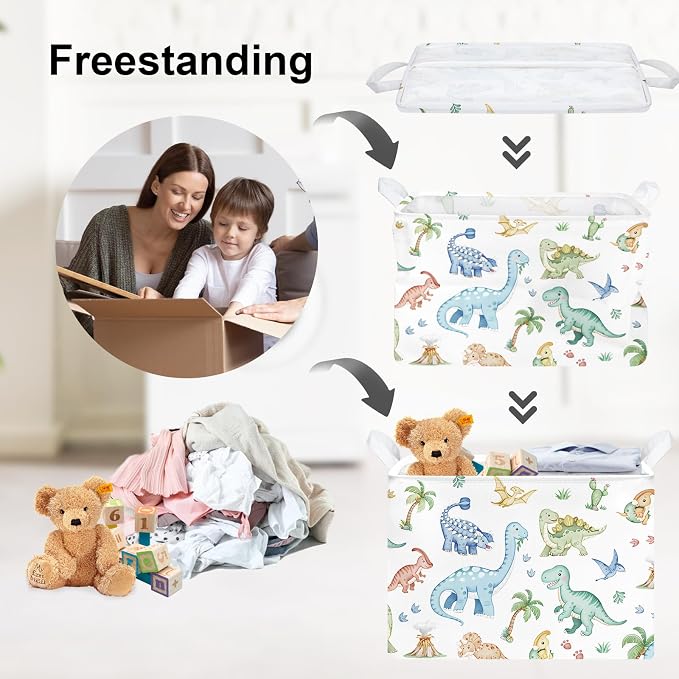 Clastyle Boho Dinosaur Laundry Basket Palm Tree Kids Clothes Book Storage Basket Gift Toy Box for Bedroom Decor,Pterosaur,40x30x30 cm | Large Storage Basket for Toys Clothes Books, 25kg Load Capacity, Freestanding, Waterproof, Collapsible