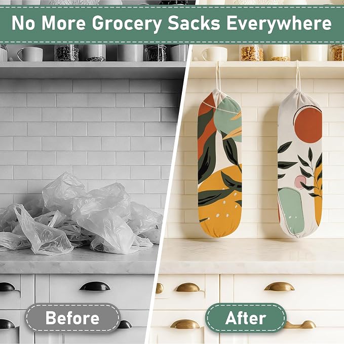 2PCS Boho Plastic Bag Holder for Kitchen Essentials, Reusable Hanging Grocery Bag Organizer, Washable Large Grocery Trash Garbage Bags Storage Dispenser Boho Kitchen Decor-06