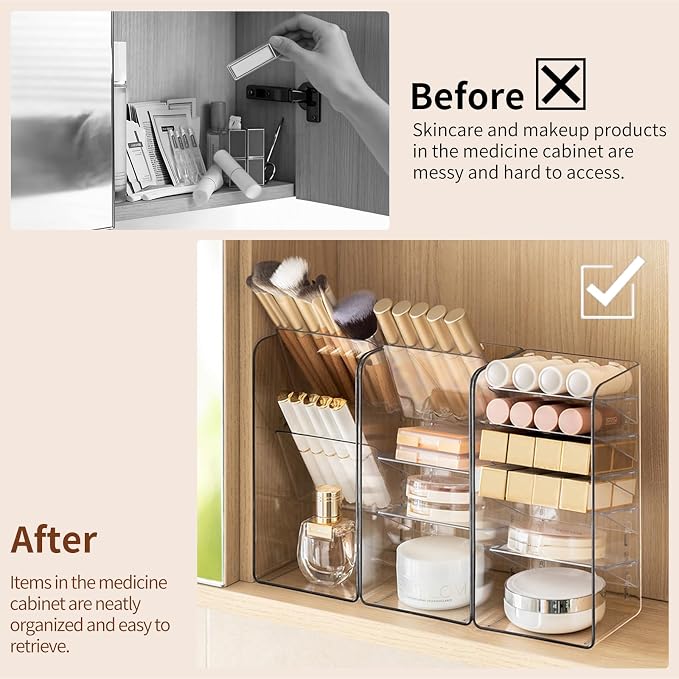 PAVSTINE 3-Pack Medicine Cabinet Organizer, Clear Open Storage Compartment with Adjustable Dividers, for Lip Oil/Lip Pencil/Eye Shadow Palette/Foundation Storage
