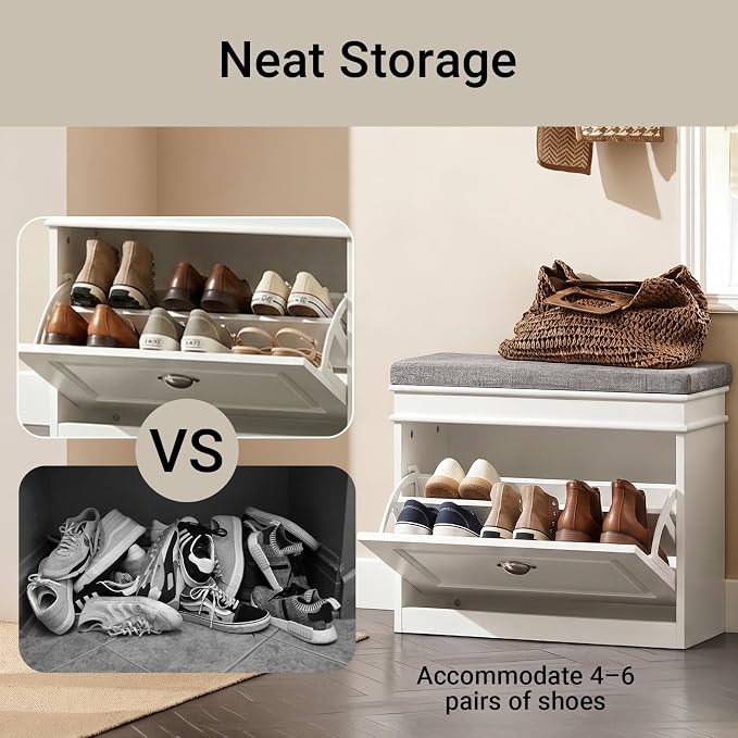Haotian Small Shoe Cabinet for Entryway | Shoe Storage Bench with 1 Flip-Drawer and Seat Cushion, White, FSR82-K-W