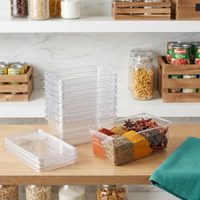 BESTonZON 10Pcs Small Clear Plastic Storage Bins with Lids | Kitchen Pantry Organizers and Fridge Containers for Cabinet, Snack, Spice Organization, Acrylic Basket