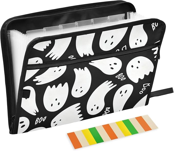 Cute Halloween Ghosts Pattern Expanding File Folder with Sticky Labels, 13 Pockets Accordion File Folder Document Organizer Expandable Zip File Folder with Zipper Closure