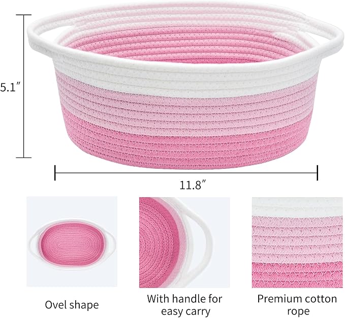 ABenkle Small Basket with Handles, Boho Decorative Rope Woven Dog Cat Toy Storage Bin Shelf Storage Organizer, Easter Christmas Gift Basket, 12"x8"x5"