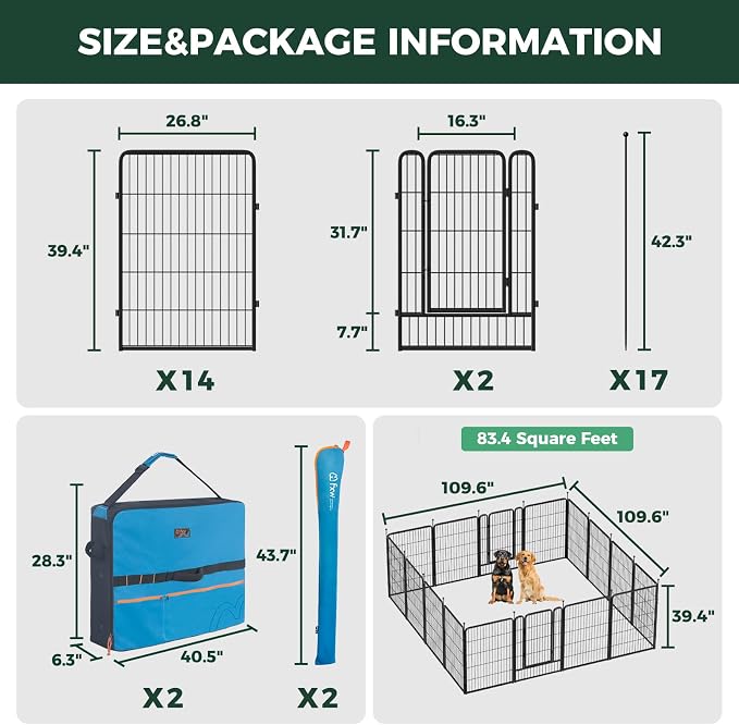 FXW Rollick Dog Playpen with Storage Bags, 40"H, 16 Panels | Heavy-Duty & Easy setup Play Area, 2 Bags for Easy Carry & Storage, for Medium & Large Dogs, Patented