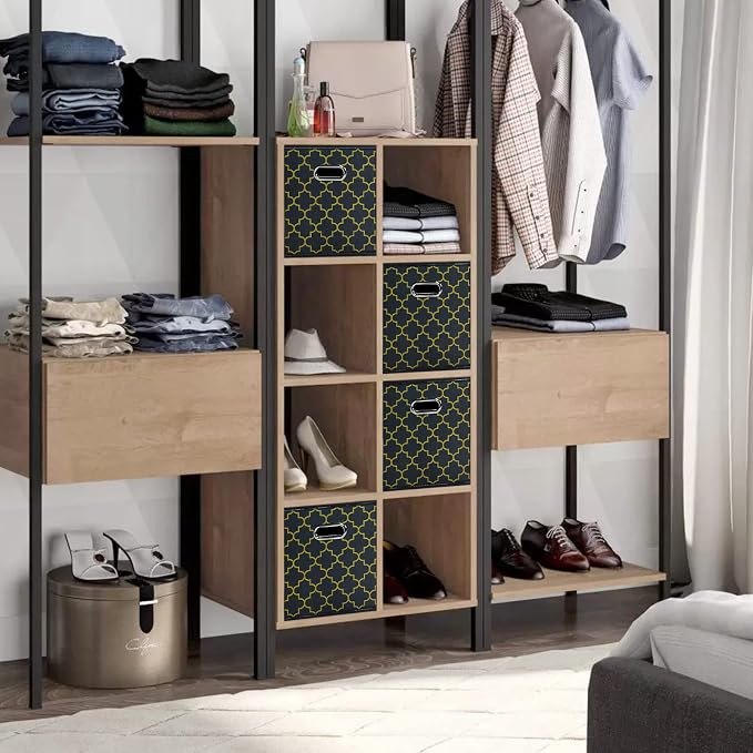 Black Foldable Storage Cubes Bins , Fabric Storage Box Cubes Organizer Baskets with Dual Handles for Home Organizer Grey Gold