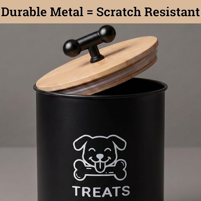 Dog Treat Container Airtight, 4.6"W x 6"H, Powder Coated, 6 Cup Capacity | Fits All Popular Treats, 6 Cup Capacity, Airtight Bamboo Lid, Easy Open Lid, Dent-Resistant Durable Metal Bone-Shaped Handle