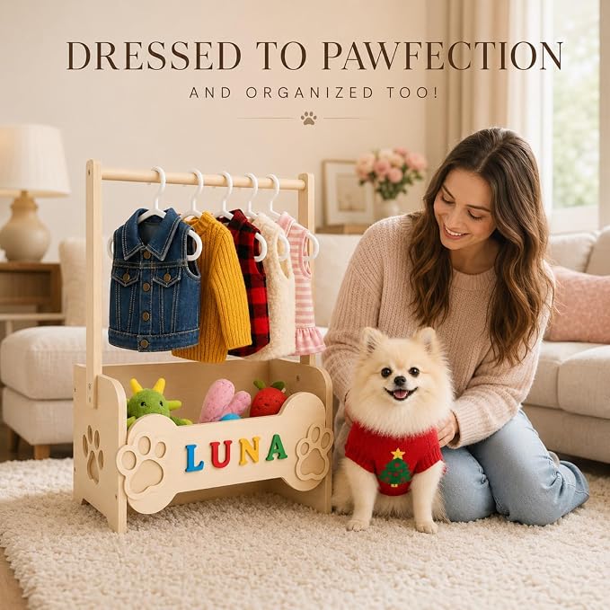 Dog Closet for Small Dogs, Wooden Clothes Rack with 10 Hangers & Toy Bin | Pulchrum personalized DIY name plate, pet apparel organizer for Chihuahua, Yorkie & Pomeranian, pet-parent gift, puppy stand