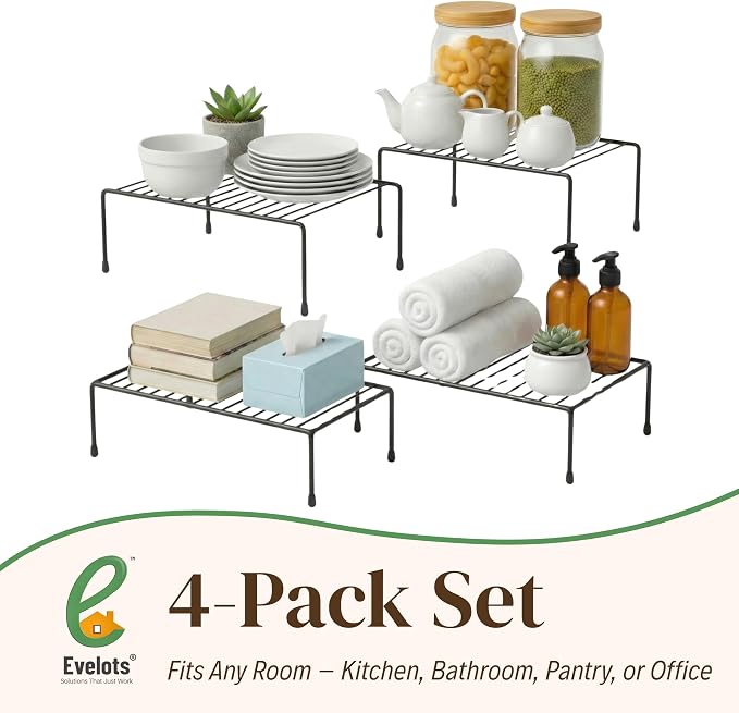 Evelots Wire Shelf Organizer, Large Metal Cabinet Risers, 4-Pack, Black | Four large rustproof metal shelf organizers create extra storage space in kitchen cabinets, pantries, freezers and bathrooms.