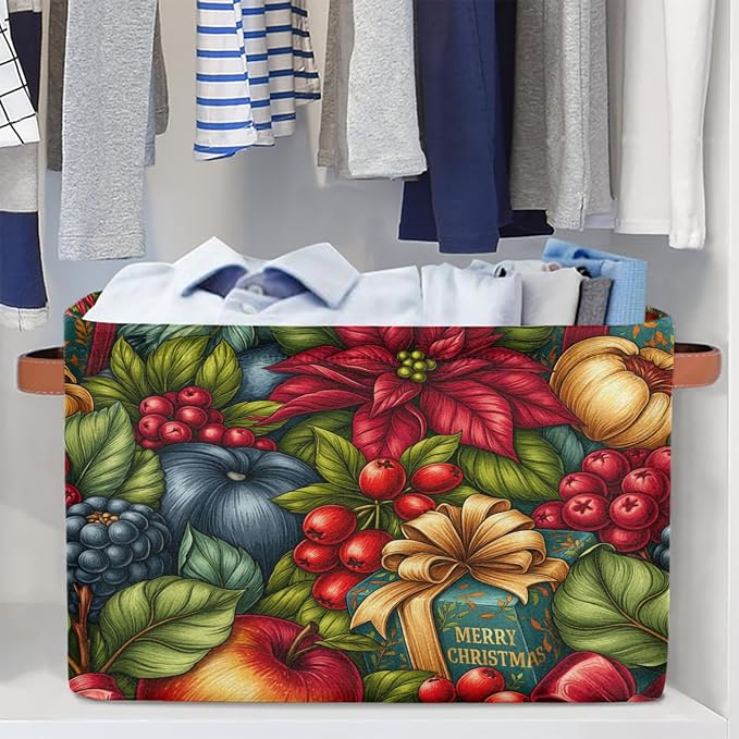 Christmas Basket Storage Bins Rectangle Canvas Basket Cube Storage Box | Nursery Foldable Basket with Handle for Kids Girls Boys Toys Living Room Closet Organizer Shelf Gifts Flower Poinsettia