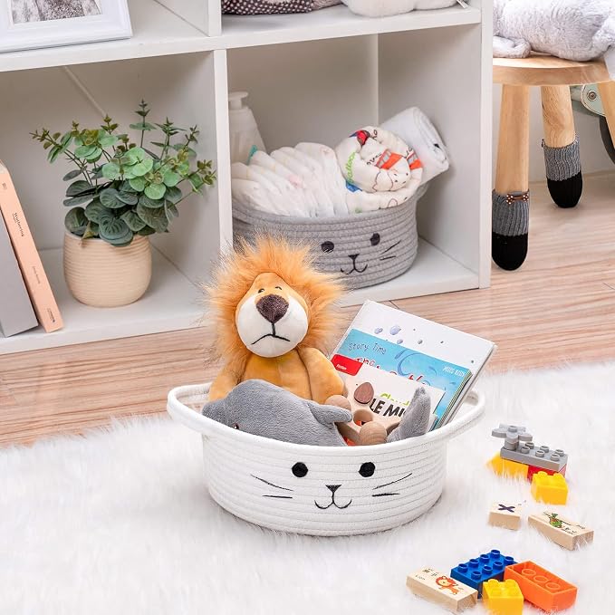 Small Woven Rope Cat Toy Basket with Cat Face Design, White | 9.8" x 4" Cute Toy Storage Bin for Living Room & Nursery, Pet Gift Basket Empty with Sturdy Handles