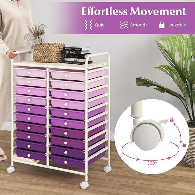 20 Drawer Rolling Storage Cart, Art Cart Organizer with Wheels for Makeup, Tool, Paper, Multipurpose Craft Storage Cart with Drawers for Office, Home, Classroom, School (Gradient Purple)