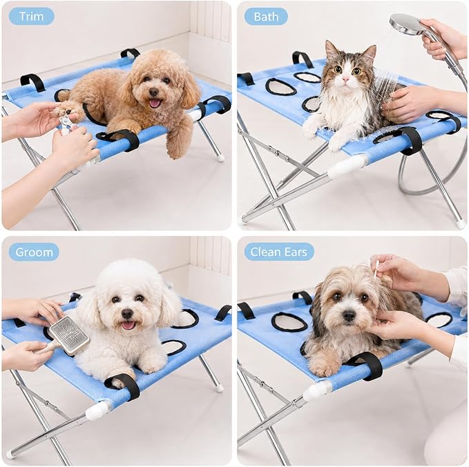 Dog Grooming Hammock, Pet Grooming Hammock with Stand Iron Tube Frame | Pet Grooming Hammock Harness for Cats Small Dogs, Quick-Dry Mesh Foldable Pet Hammock for Trimming, Bathing, Brushing