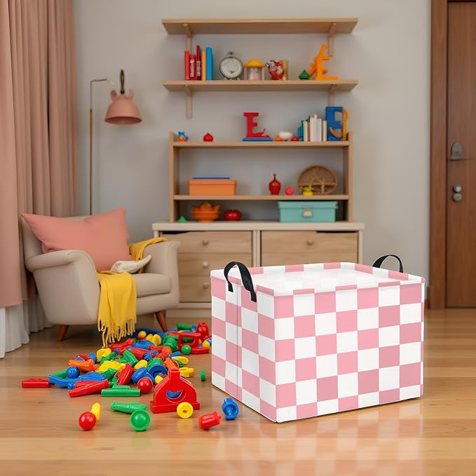 Rectangular Baby Girl Basket Fabric Storage Basket Storage Bin Organizer Box Room Decor(Pink Checkered)