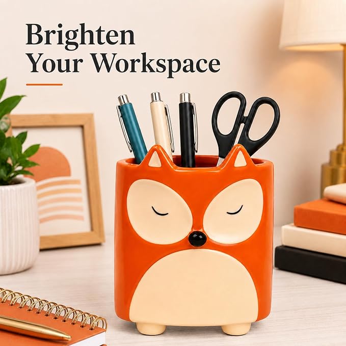 Ceramic Fox Shaped Pen Pencil Holder for Desk Decoration Accessories Fox Decor Makeup Brush Pen Cups Office School Ideal Gifts for Women, Mom or Birthdays