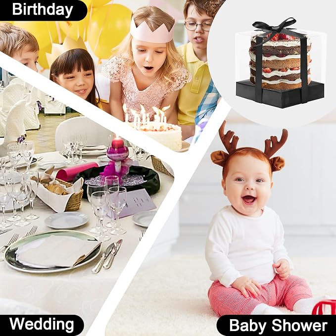 12 PCS Clear Cupcake Boxes 3.5 Inch Cupcake Containers (Black) | Disposable Cupcake Carrier Plastic Individual Cupcake Storage Holder with Ribbons and Inserts for Wedding, Birthday Party