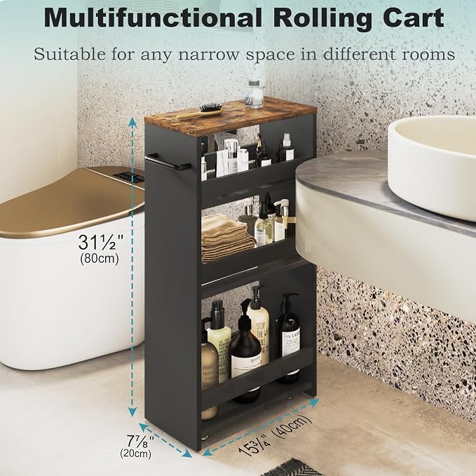 MARTY Slim Rolling Storage Cart 7.9" W Laundry Cart with Wheels,Brown+Black | Narrow Utility Cart Between Washer and Dryer, 3 Tier Mobile Shelving Unit for Kitchen, Laundry, Bathroom, Office, Living Room