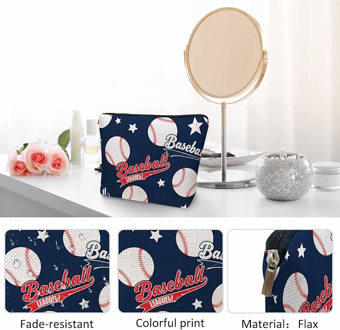 Baseball Makeup Organizer Bag Cosmetic Bag For Men Women, Sports Ball Softball Baseball Blue Travel Toiletry Bag Flax Makeup Bags Purse Business Makeup Pouch For Toiletries Cosmetics