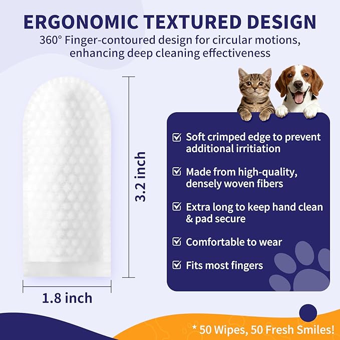 Dog & Cat Teeth Cleaning Wipes – Dog Breath Freshener & Dental Wipes for Dogs Teeth, No-Rinse Toothbrush & Toothpaste Alternative, Cat Dental Care, Puppy Tooth Brushing Kit (50 Count)