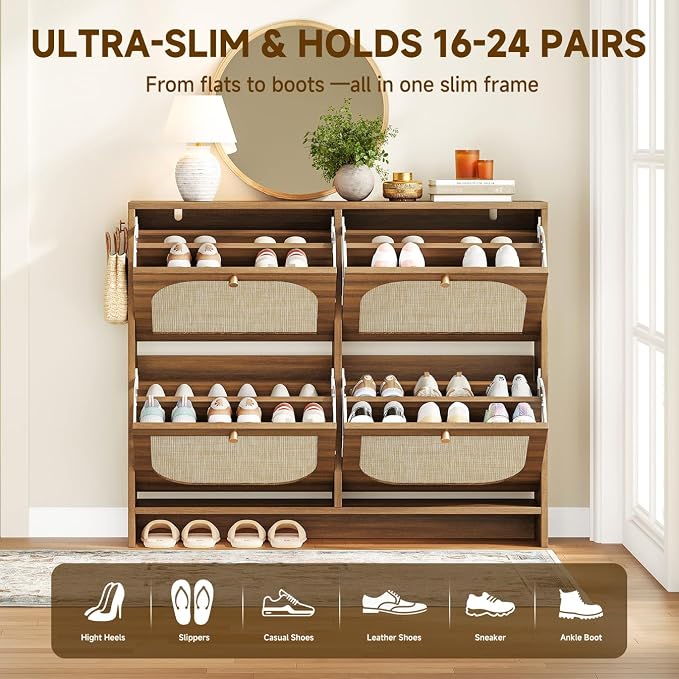 Freestanding Ultra Slim Arched Rattan Accent Shoe Storage Cabinet for Entryway - 4 Flip Drawers & 3-Tier Adjustable Shelves, Farmhouse Modern Rustic Shoe Rack for Hallway, Foyer Oak