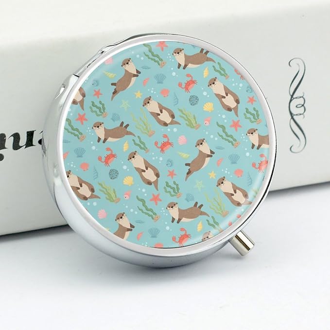 Compact Pill Holder, Cute Sea Otters Round Mini Dispenser, Travel Organizer Case for Medicine, Purse Pocket Box for Outdoor Enthusiasts