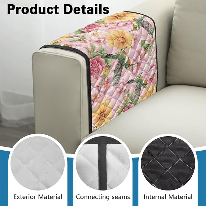 Hummingbird Pattern Sofa Armrest Covers Non-Slip Arm Rest Covers Washable Couch Arm Cover with 2 Pockets Dustproof Furniture Protector for Living Room Decoration