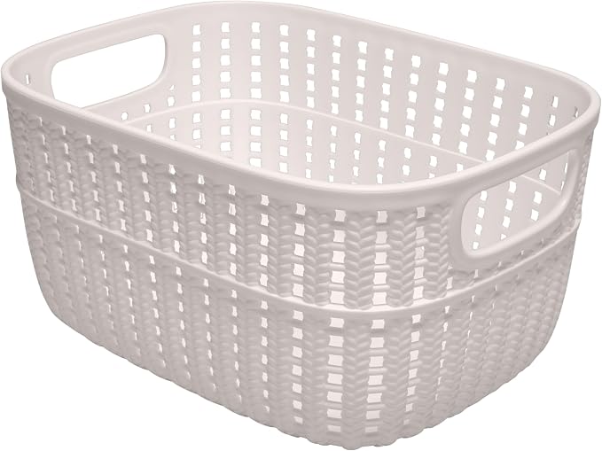 Simplify 2 Tone Sailor Knot Plastic Storage Tote | Decorative Basket | Closet Organization | De-clutter | Accessories | Toys | Bathroom Organization | Small | Ivory
