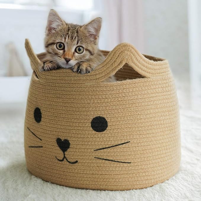 Large Woven Rope Cat Toy Basket with Cat Face Design, Jute | 15.7" x 11.8" Toy Bin & Box for Living Room Nursery, Baby Storage Basket for Towels, Blankets, with Sturdy Handles