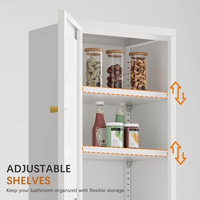 67" H Tall Bathroom Cabinet,Narrow Pantry Cabinet,Tall Narrow Bathroom Storage Cabinet, Metal Cabinet, White Floor Cabinet,Skinny Storage Cabinets with 4 Adjustable Shelves