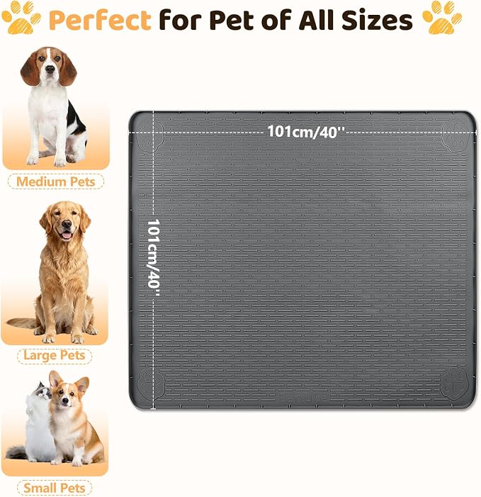 Silicone Dog Bed Mat 40"x 40" Crate Mat for Dog Cages, Dark Grey | Extra Large Kennel Mat with Raised Edge, Washable, Leakproof, Waterproof Dog Mat for Crate, Dog Floor Mat to Protect Floors