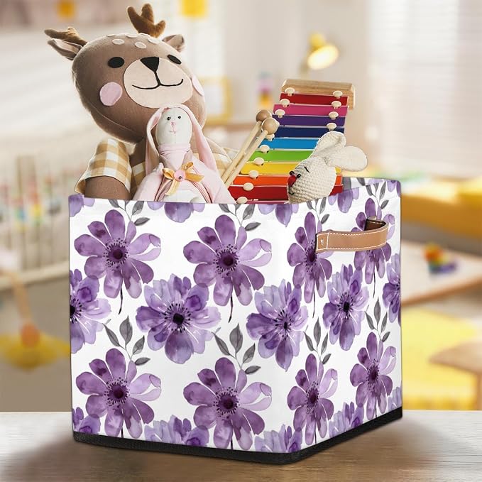 Purple Floral Cube Storage Bin, 13 Inch Collapsible Fabric Storage Cubes Bin, Watercolor Flower Leaves Wildflower Foldable Cube Baskets for Shelf, Closet, Organizer