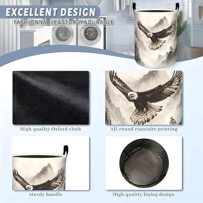 Flying Eagle Laundry Basket, Wildlife Bird Black White Mountain Storage Hamper, Round Collapsible Waterproof Cloth Bin, 19.7x15.7 Inch Rustic Clothes Organizer Gifts for Bathroom Decor
