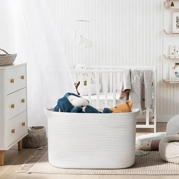 Extra Large White Storage Basket, 23.6" x 17" x 12" Rectangle Blanket Storage for Living Room, White Woven Cotton Rope Basket, Big Kids Toy Box Bin, XXXL Wicker Laundry Baskets for Organizing