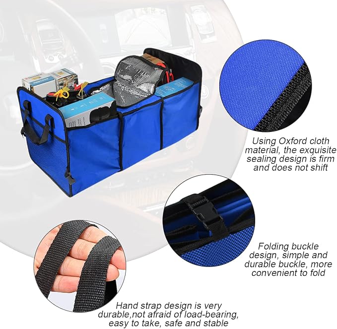 8sanlione Car Trunk Organizer, 3 Compartments, Insulated Section, Blue | For sedans, SUVs, vans, woven fabric shell, side grips, light-item sorting, wipe-clean care, automotive interior accessories