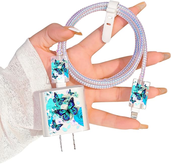 Cute Cable Protector for iPhone Apple Charger,Pretty Flower Butterfly Design,Data Cable USB Case Cord Saver Phone Charger Protector for iPhone 11 12 13 14 Pro Max XS XR X 7 8 Plus-Bright Blue